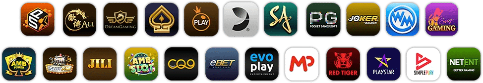 โลโก้ค่ายเกมสล็อตและคาสิโนออนไลน์ รวมผู้ให้บริการเกมชั้นนำระดับโลก